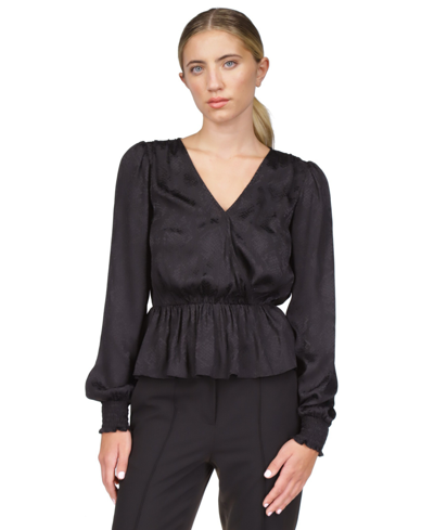 Shop Michael Kors Michael  Women's Jacquard-print Faux-wrap Peplum Top, Regular & Petite In Black
