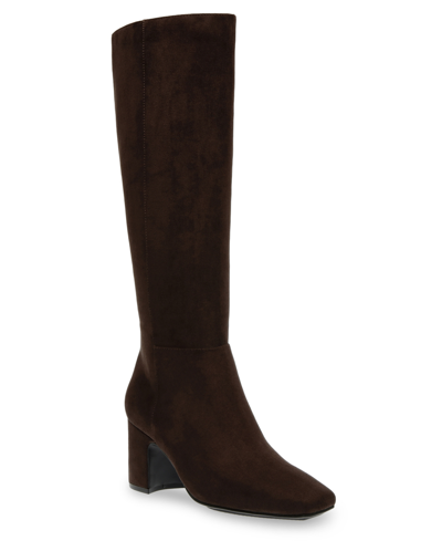 Shop Anne Klein Women's Teodoro Square Toe Knee High Boots In Dark Brown Microsuede