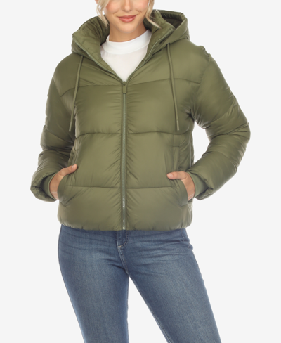 Shop White Mark Women's Full Front Zip Hooded Bomber Puffer Jacket In Olive