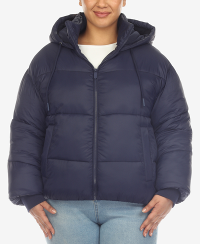 Shop White Mark Plus Size Hooded Bomber Puffer Coat In Navy