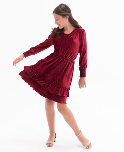 Shop Rare Editions Big Girls Long Sleeve Textured Velvet Tiered Dress In Burgundy