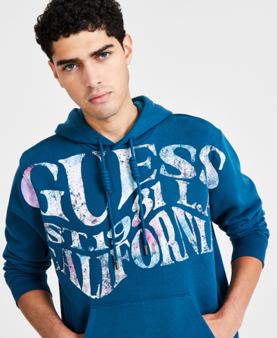 Shop Guess Men's Long Sleeve Logo Graphic Hoodie In Bold Teal