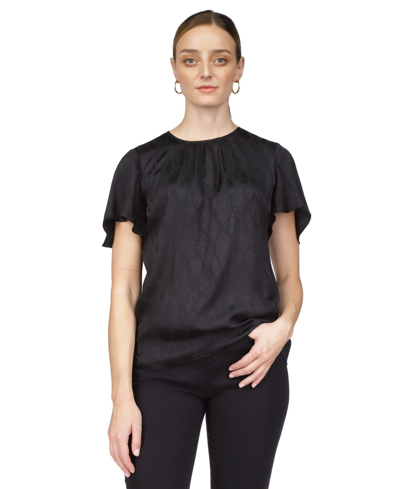 Shop Michael Kors Michael  Women's Jacquard Satin Snakeskin-print Flutter-sleeve Top In Black