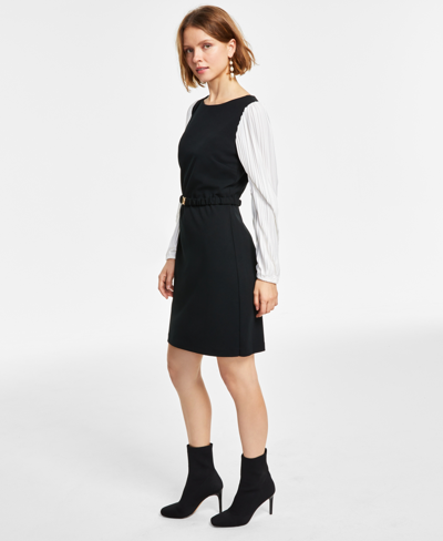 Shop Dkny Pleated-sleeve Round-neck Belted Dress In Black,black