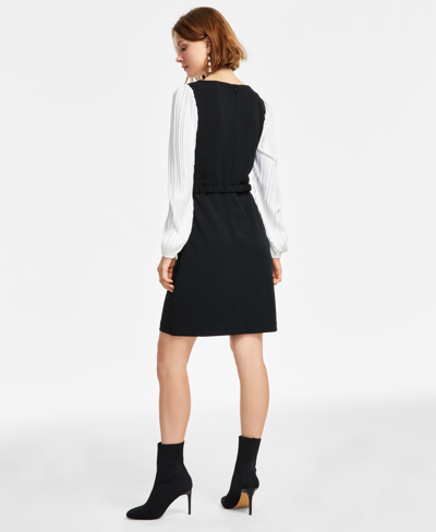 Shop Dkny Pleated-sleeve Round-neck Belted Dress In Black,black