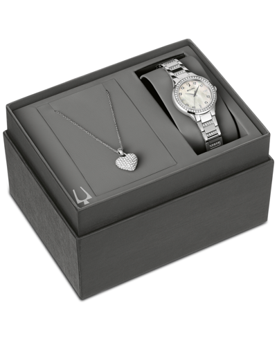 Bulova Women's Classic Crystal Stainless Steel Bracelet Watch Box Set 30mm In Silver