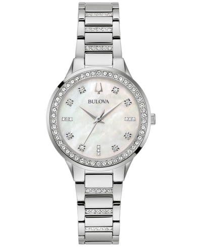 Bulova Women's Classic Crystal Stainless Steel Bracelet Watch Box Set 30mm In Silver
