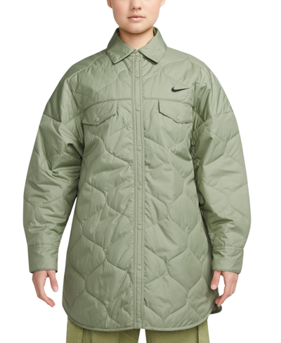 Shop Nike Women's Sportswear Essentials Quilted Trench Coat In Oil Green,black
