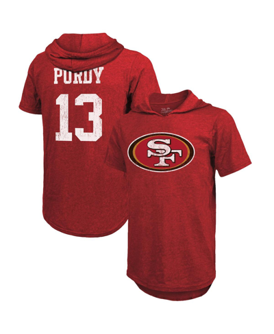 Majestic Threads Christian Mccaffrey Scarlet San Francisco 49ers Player Name & Number Tri-blend Slim In Scarlet