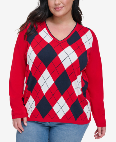 Shop Tommy Hilfiger Plus Size Ivy Cotton Argyle Sweater In Scarlet Multi