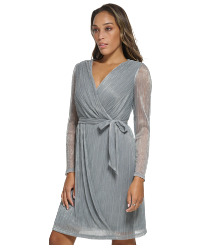 Shop Dkny Women's Crinkled Metallic V-neck Belted Dress In Coal