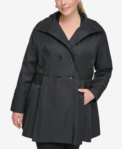 Shop Calvin Klein Plus Size Hooded Double-breasted Skirted Raincoat In Black