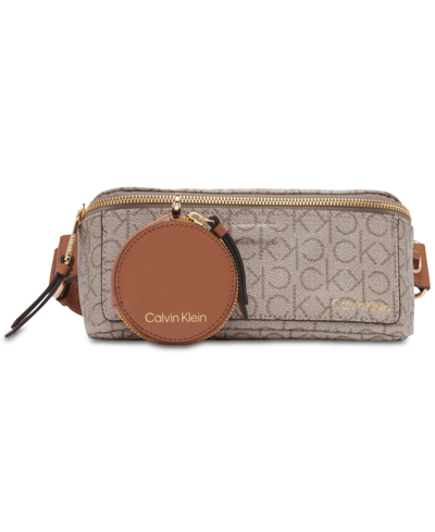 Shop Calvin Klein Millie Signature Convertible Belt Bag With Zippered Coin Pouch In Almond Khaki,caramel
