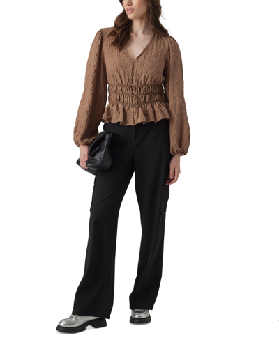 Shop Vero Moda Women's Textured Smocked-waist Peplum Top In Brown Lentil