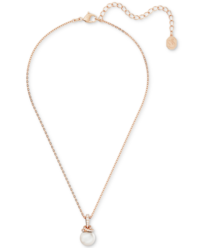 Swarovski Rose Gold-tone Pave & Imitation Pearl Pendant Necklace, 15" + 2" Extender In Rose Gold