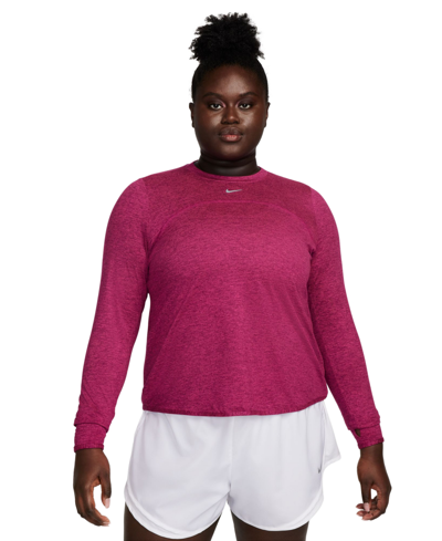 Shop Nike Plus Size Active Dri-fit Swift Element Uv Crewneck Running Top In Fireberry,reflective Silver