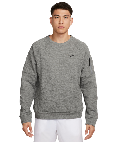 Shop Nike Men's Therma-fit Crewneck Long-sleeve Fitness Shirt In Dk Grey Heather,htr,black