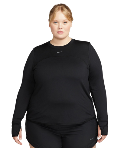 Shop Nike Plus Size Active Dri-fit Swift Element Uv Crewneck Running Top In Black,reflective Silver