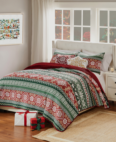 Greenland Home Fashions Fair Isle Velvet Reversible 3 Piece Quilt Set, King In Red