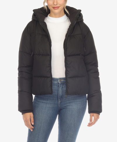 Shop White Mark Women's Full Front Zip Hooded Bomber Puffer Jacket In Black