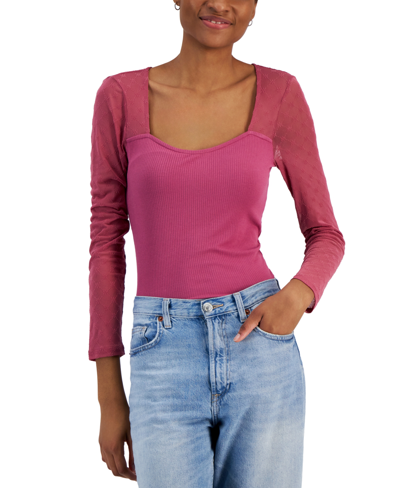 Shop Crave Fame Juniors' Flocked Illusion Mesh-sleeve Top In Rose Berry