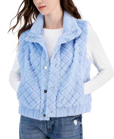 Shop Crave Fame Juniors' Cozy Faux-fur Sleeveless Quilted Vest In Chambray Blue