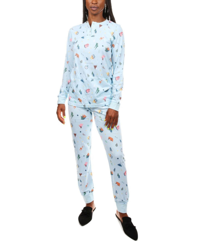 Shop Memoi Women's Campfire Fun Cotton Blend 2 Piece Pajama Set In Sky Blue