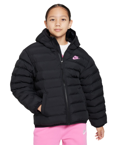 Shop Nike Sportswear Big Kids Lightweight Synthetic Fill Hooded Coat In Black,playful Pink