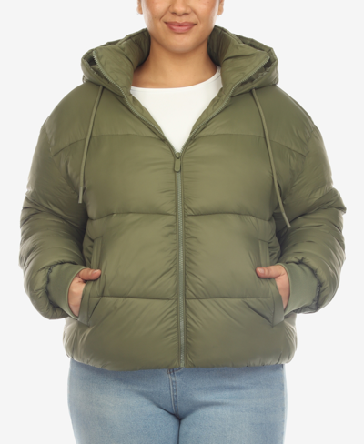 Shop White Mark Plus Size Hooded Bomber Puffer Coat In Olive