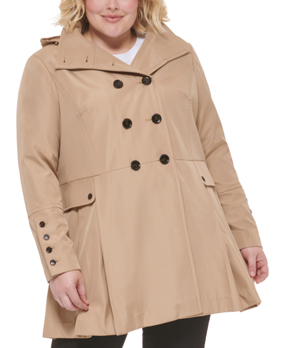 Shop Calvin Klein Plus Size Hooded Double-breasted Skirted Raincoat In Khaki