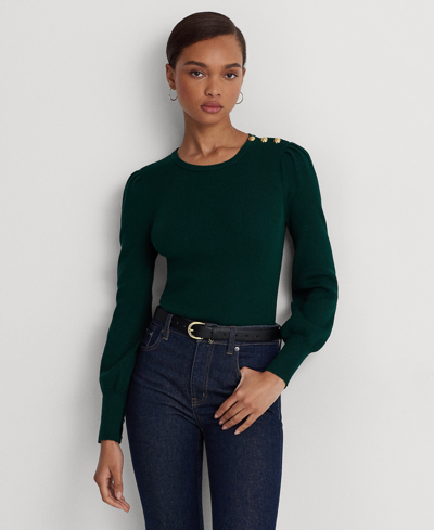 Shop Lauren Ralph Lauren Women's Button-trim Ribbed Cotton-blend Sweater In Season Green