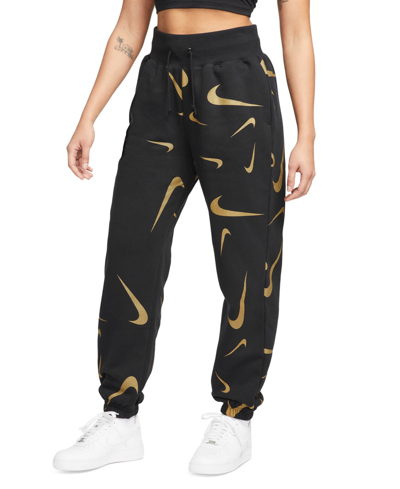 Shop Nike Women's Fleece Sportswear High-waisted Printed Joggers In Black,bronzine