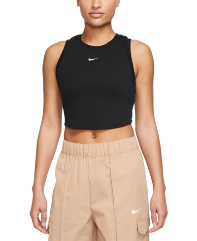 Shop Nike Women's Sportswear Essentials Ribbed Cropped Tank In Black,sail
