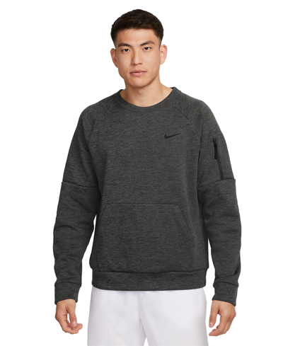 Shop Nike Men's Therma-fit Crewneck Long-sleeve Fitness Shirt In Charcoal Heathr,htr,black