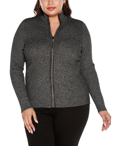 Shop Belldini Black Label Plus Size Lurex Mock Neck Ribbed Zip Up Sweater In Graphite