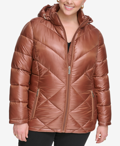 Shop Calvin Klein Plus Size Shine Hooded Packable Puffer Coat, Created For Macy's In Pecan