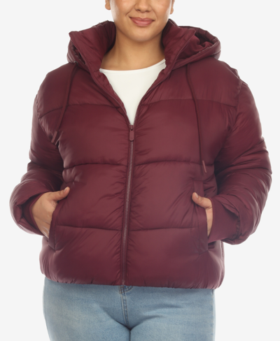 White Mark Women's Full Front Zip Hooded Bomber Puffer Jacket In Burgundy