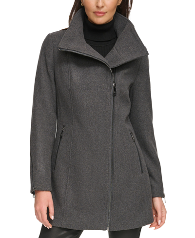 Shop Dkny Womens Asymmetrical Zip Coat, Created For Macys In Heather Charcoal