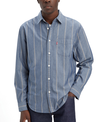 Shop Levi's Men's Classic 1 Pocket Regular-fit Long Sleeve Shirt In Henderson Stripe Dress Blues
