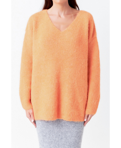 Shop Endless Rose Women's Furry V Neck Sweater In Clementine