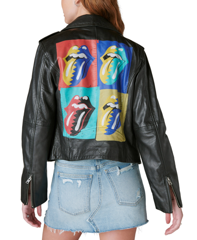 Shop Lucky Brand Women's Rolling Stones Printed Leather Moto Jacket In Black