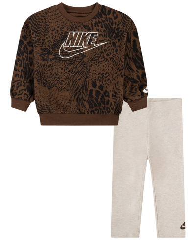 Shop Nike Toddler Girls Home Swoosh Crewneck Sweatshirt And Leggings, 2 Piece Set In Pale Ivory Heather