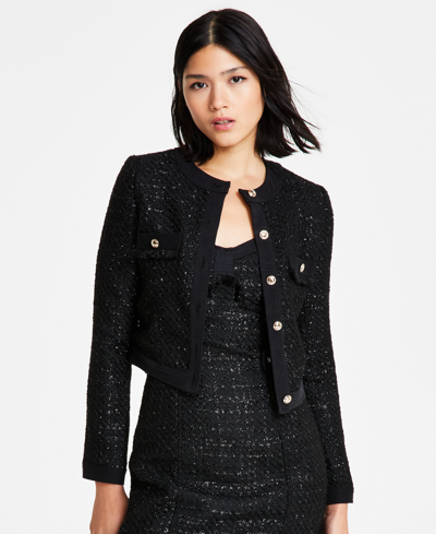 Shop Guess Women's Clarissa Long-sleeve Tweed Jacket In Black Tweed Fantasy