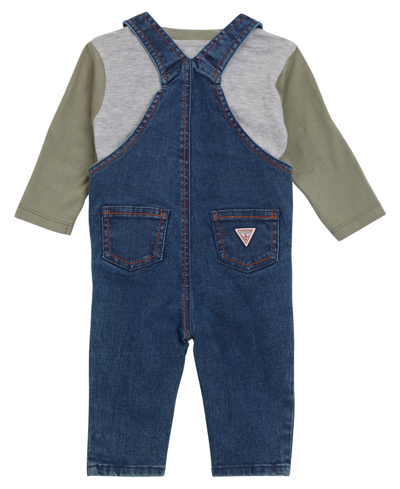 Shop Guess Baby Boys Embroidered Shirt And Denim Overall, 2 Piece Set In Blue