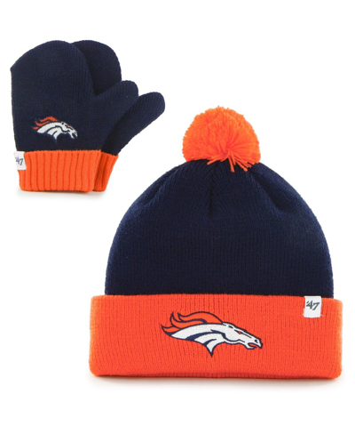 Shop 47 Brand Infant Boys And Girls Navy, Orange Denver Broncos Bam Bam Cuffed Knit Hat With Pom And Mittens Set In Navy,orange
