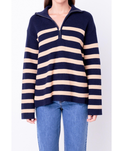 Shop English Factory Women's Striped Half-zip Sweater In Navy,camel