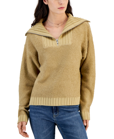 Shop Sugar Moon Juniors' Quarter-zip Long-sleeve Boucle Sweater In Taupe