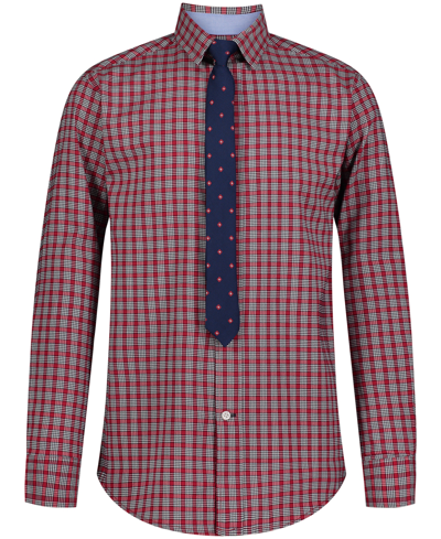Shop Tommy Hilfiger Big Boys Long Sleeve Stretch Micro Grid Shirt And Tie In Dark Red