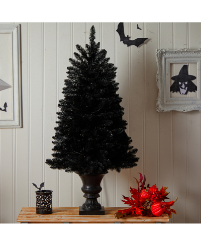 Shop Nearly Natural 4' Black Halloween Artificial Christmas Tree In Urn With 100 Orange Led Lights