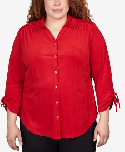 Shop Alfred Dunner Plus Size Park Place Stretch Knit Faux Suede Button Up Top In Red